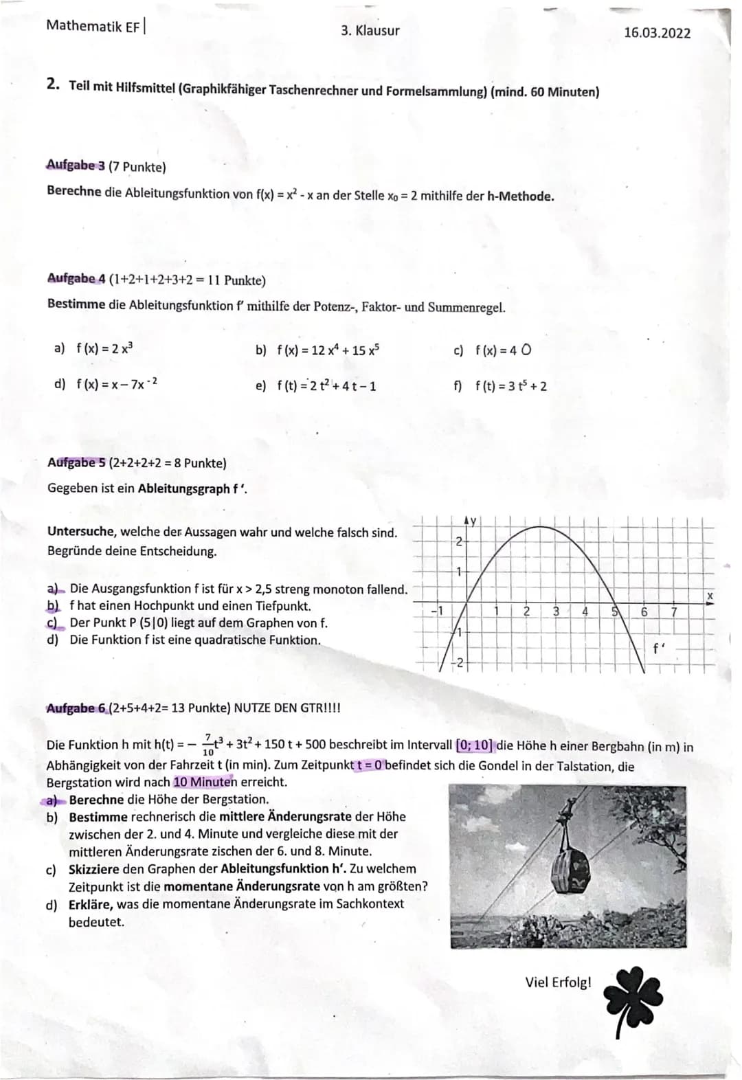 Mathematik EF
Dokumentiere deine Lösungswege und achte auf die richtige mathematische Darstellung.
1. Teil: Hilfsmittelfreier Teil (max. 30 