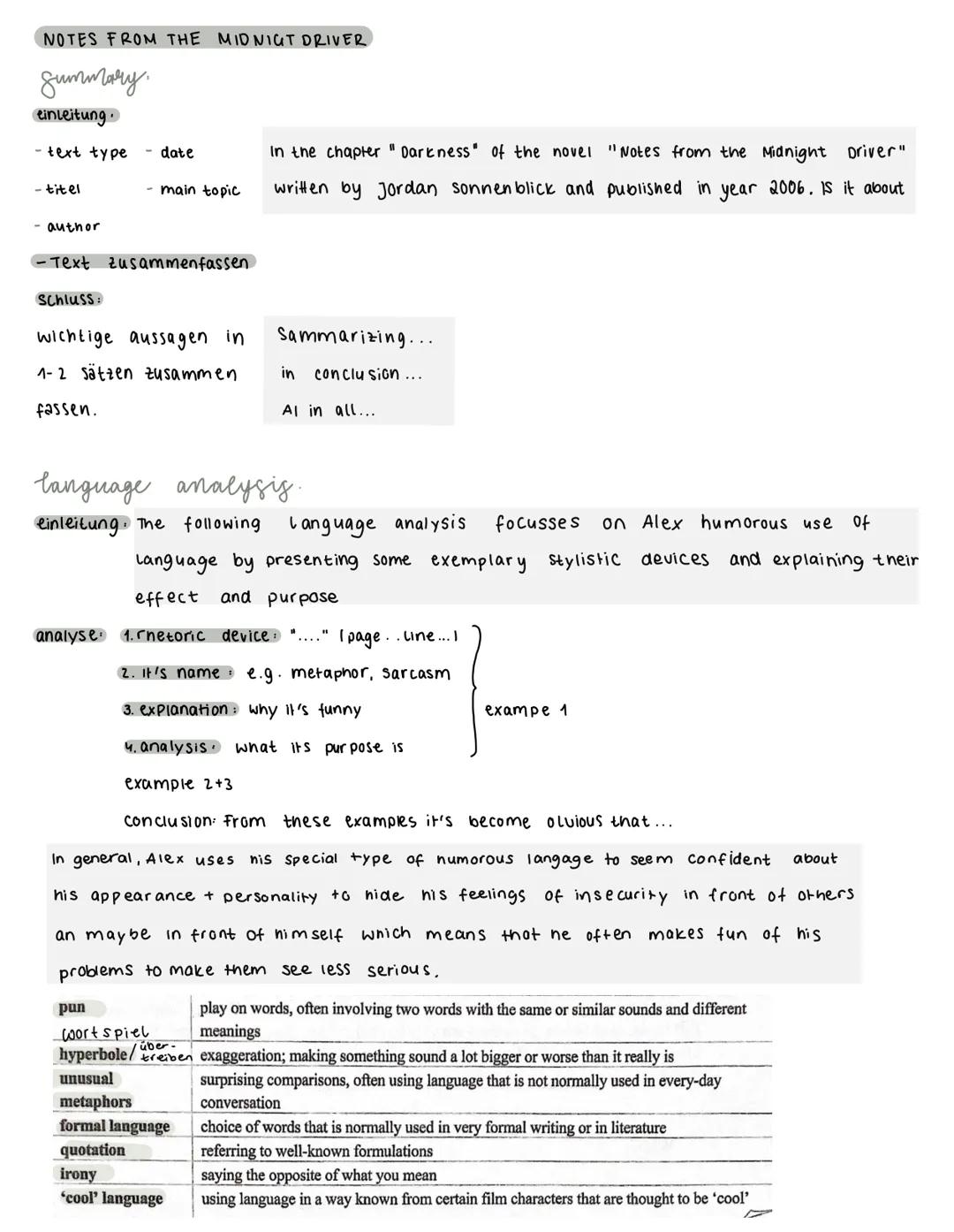 NOTES FROM THE MIDNIGT DRIVER
Summary.
einleitung.
- text type date
-titel
- author
- Text zusammenfassen
Schluss:
- main topic
wichtige aus