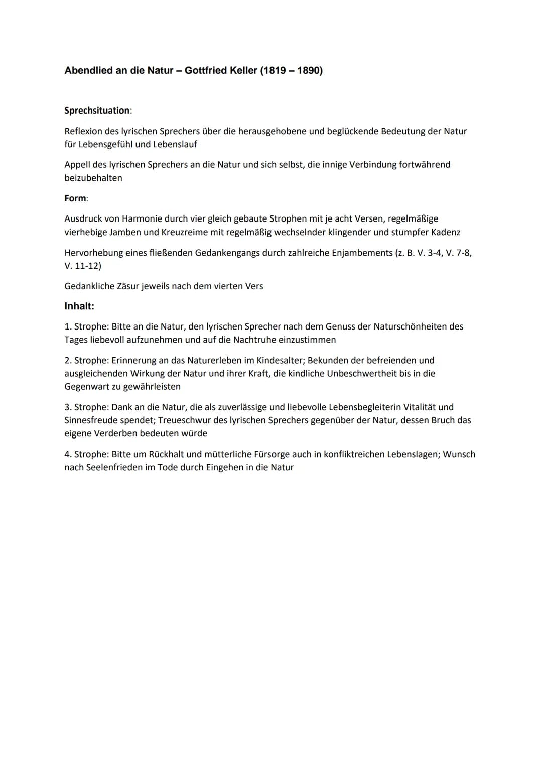 Abendlied an die Natur - Gottfried Keller (1819-1890)
Sprechsituation:
Reflexion des lyrischen Sprechers über die herausgehobene und beglück