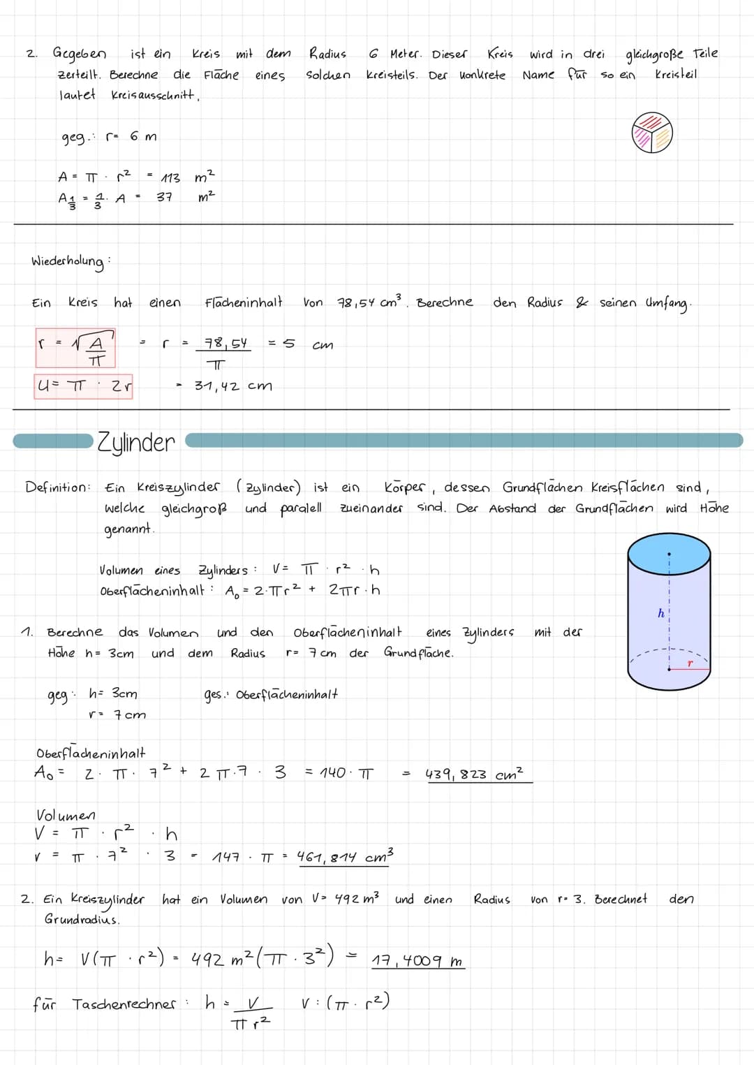 Kreis
Def.:
U= πTd = TT 2r
2
A = T
Die Kreiszahl Pi
Ø
a) r=
TT ist eine
irrationale Zahl. Dies ist eine
Dezimalzahl mit undendlich Vielen St