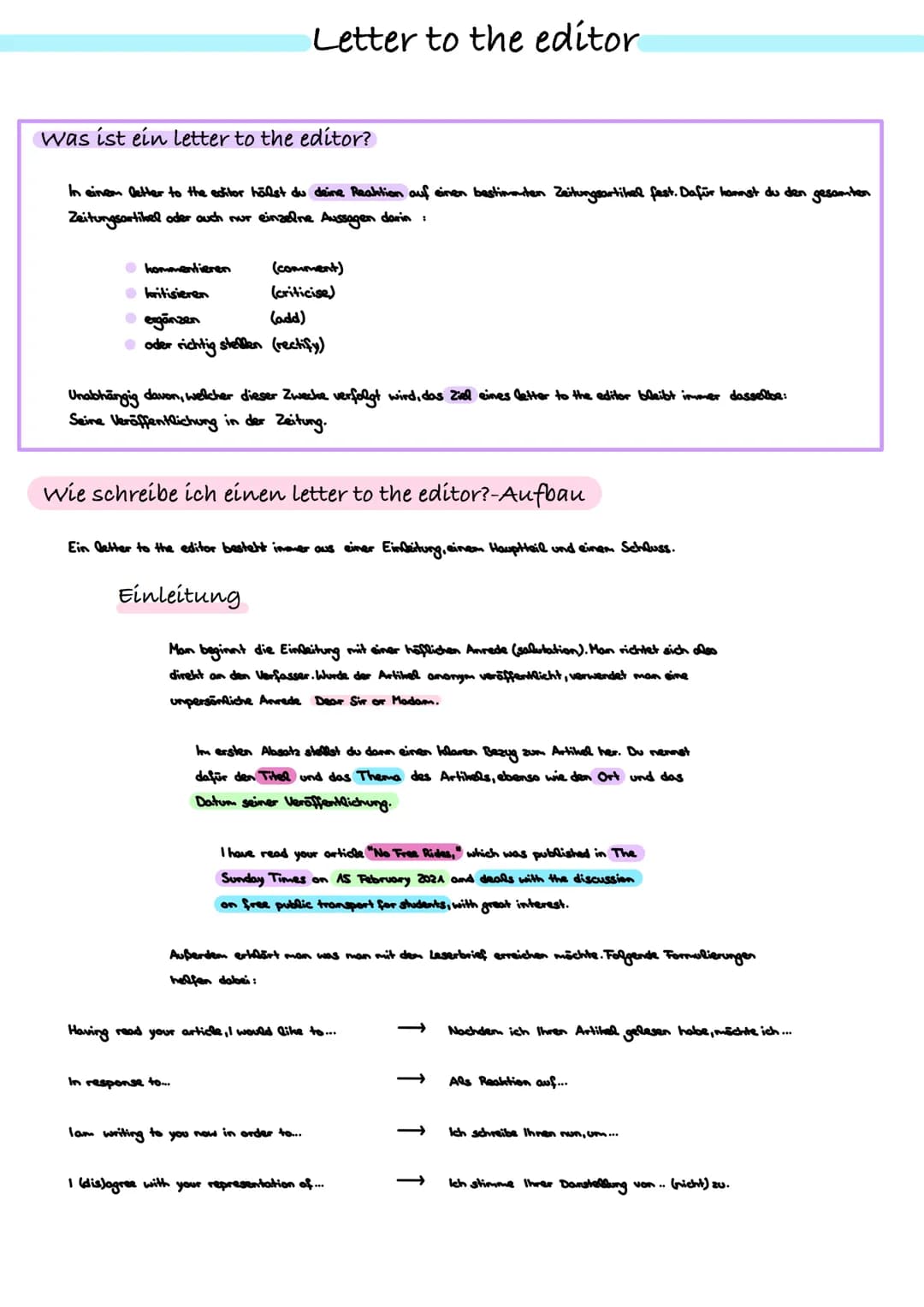 Was ist ein letter to the editor?
Letter to the editor
In einem letter to the editor hälst du deine Reaktion auf einen bestimmten Zeitungsar