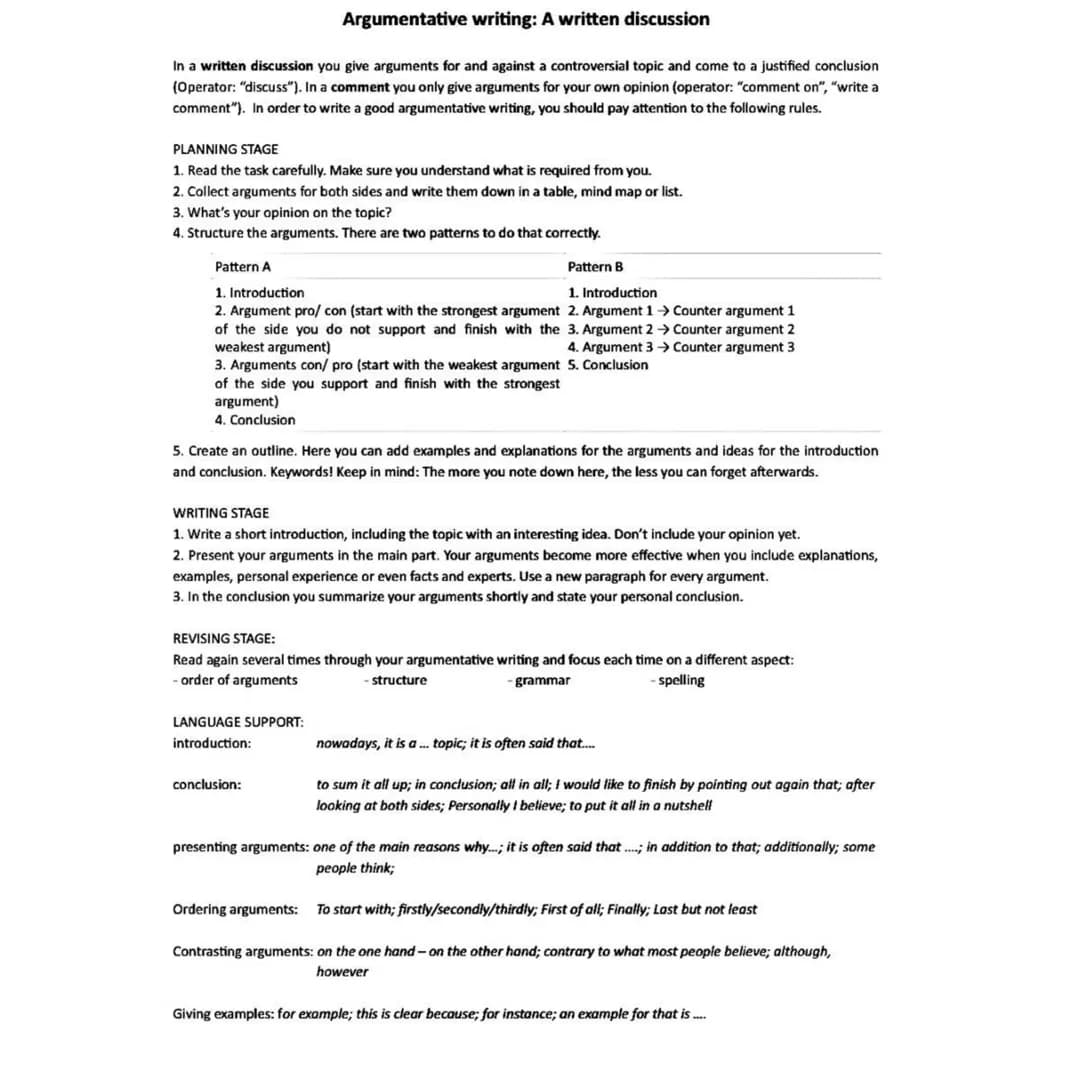 Argumentative writing: A written discussion
In a written discussion you give arguments for and against a controversial topic and come to a j
