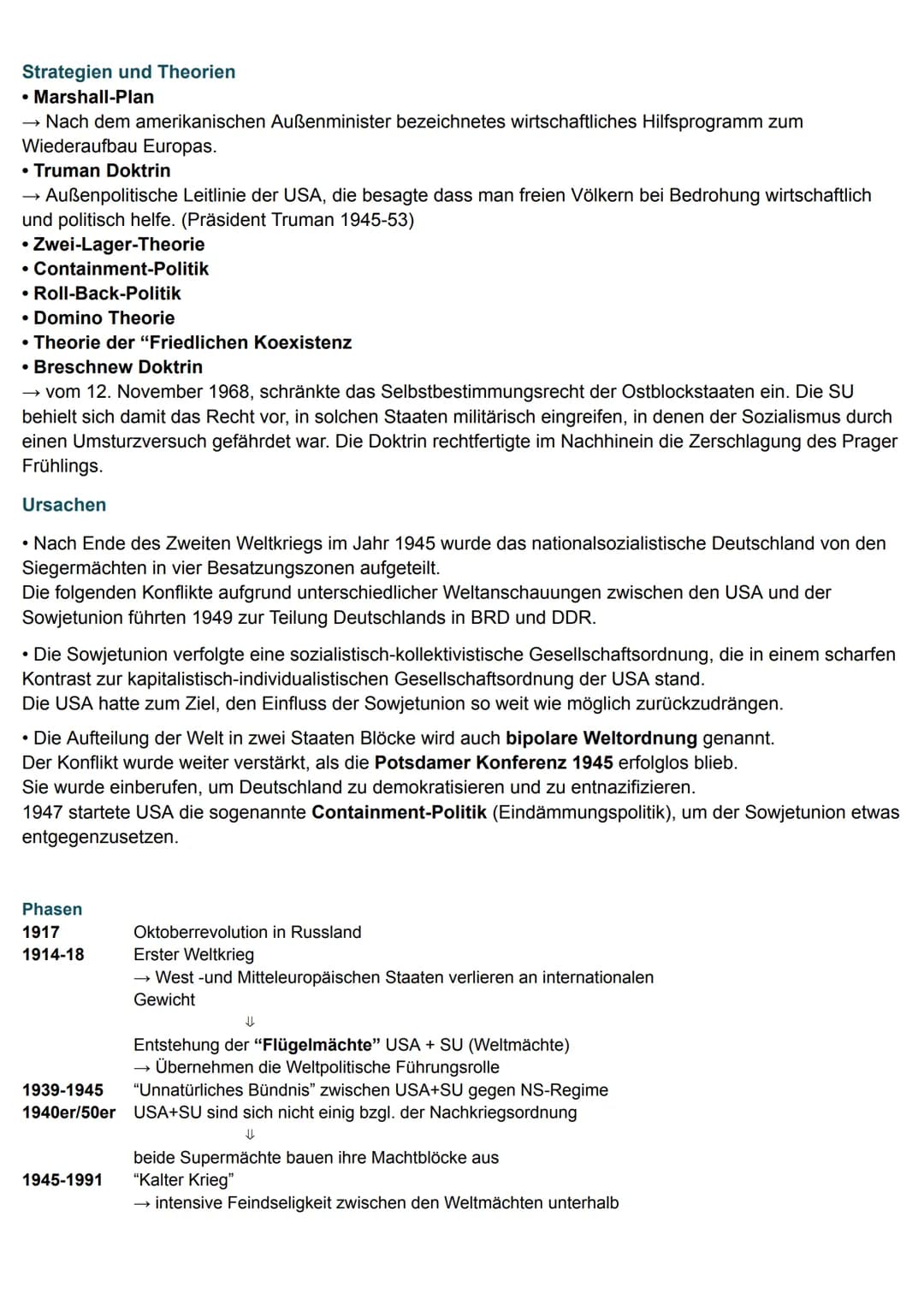 Kalter Krieg
• "Flügelmächte" USA und Sowjetunion entwickeln sich zu weltpolitischen Führungsmächten
- Große politische, wirtschaftliche und