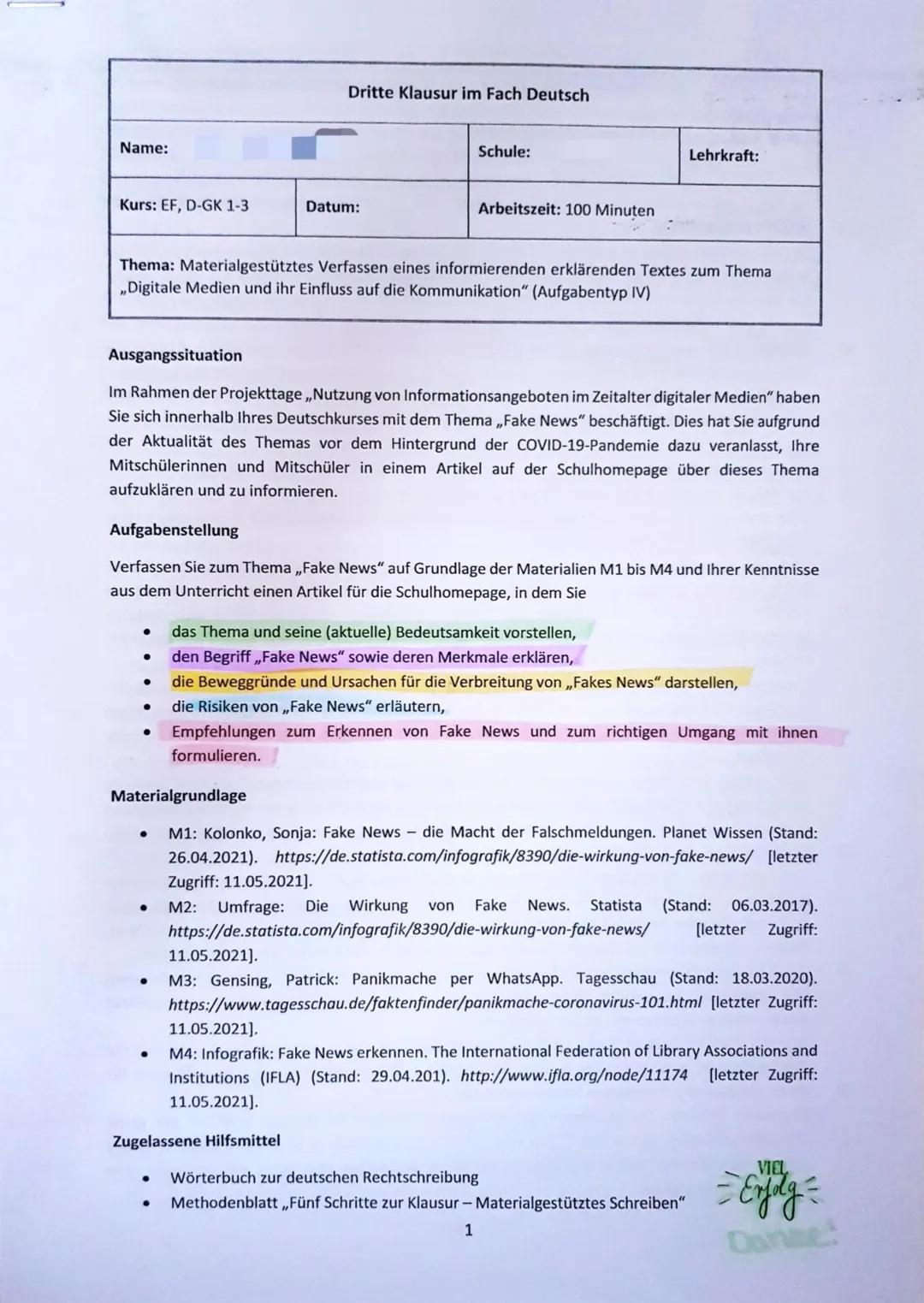 Fake News und Cybermobbing: Einfache Erörterung für Materialgestütztes Schreiben