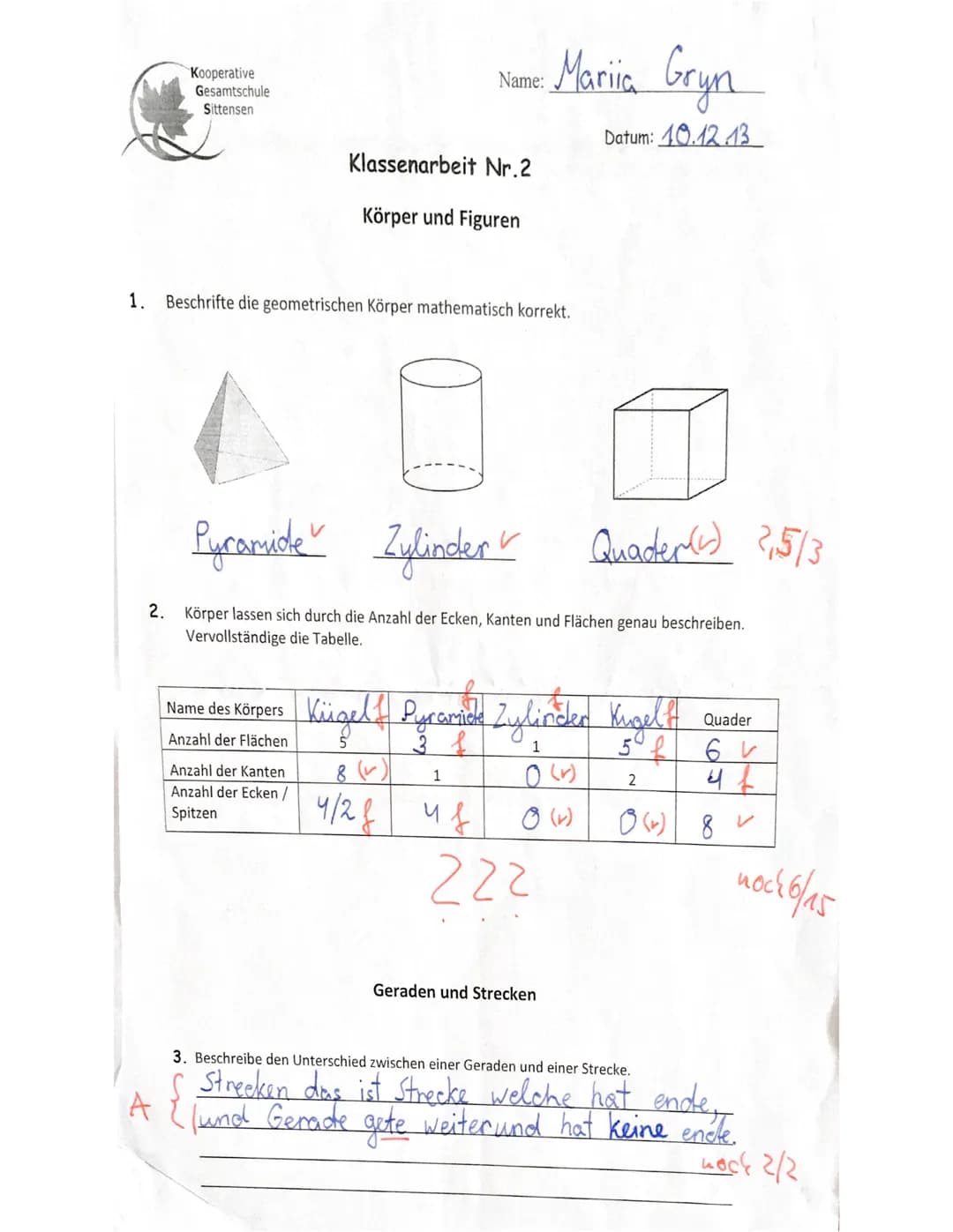 Kooperative
Gesamtschule
Sittensen
Klassenarbeit Nr.2
Körper und Figuren
Name:
1. Beschrifte die geometrischen Körper mathematisch korrekt.
