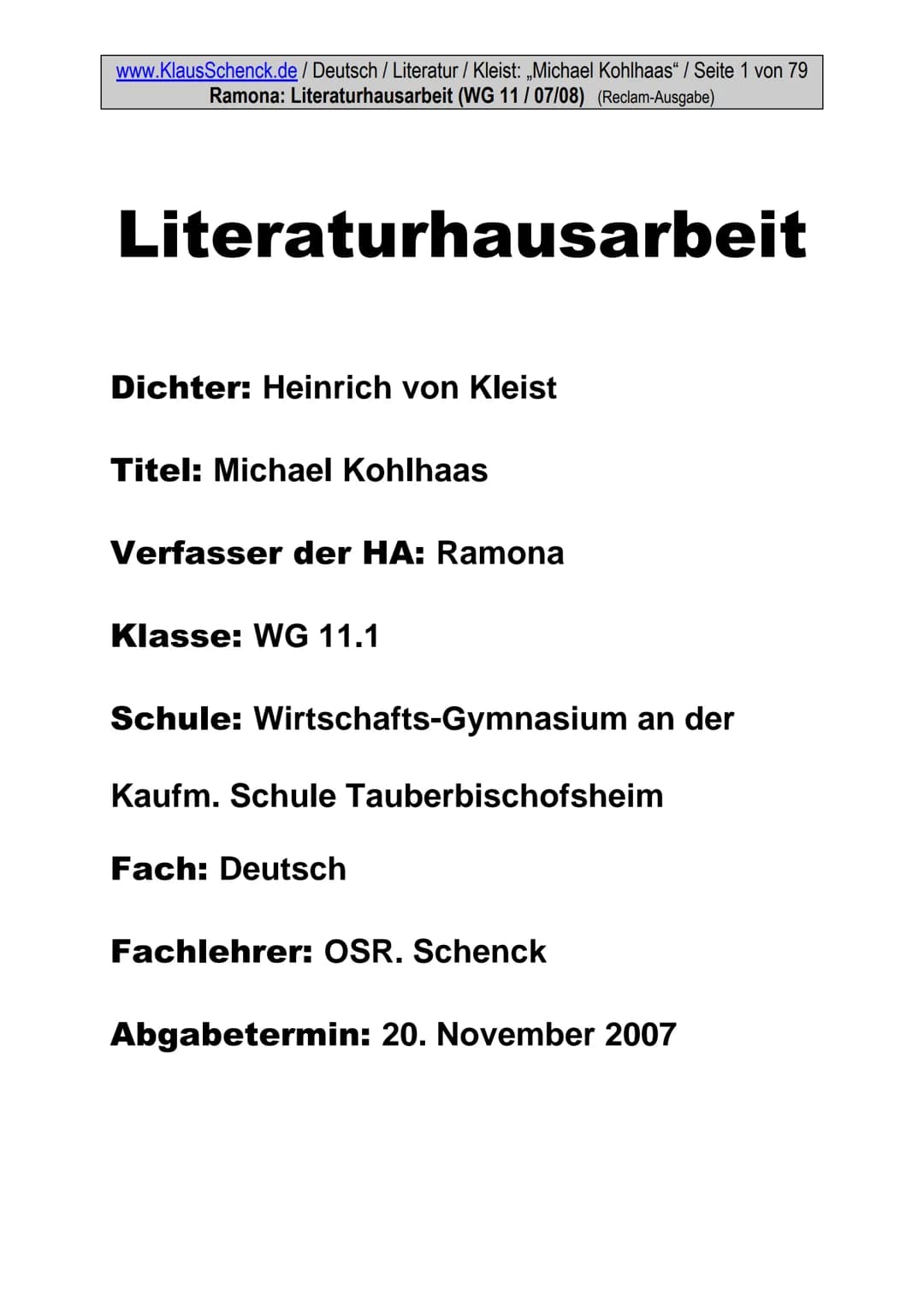 www.KlausSchenck.de / Deutsch / WG 11/ Literaturhausarbeit (2013/14) / S. 1 von 20
Strategische Vorschläge für eine Literaturhausarbeit / An