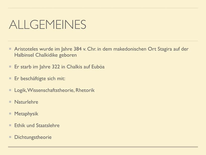 ARISTOTELES VORSTELLUNG
VON GLÜCK ALLGEMEINES
Aristoteles wurde im Jahre 384 v. Chr. in dem makedonischen Ort Stagira auf der
Halbinsel Chal
