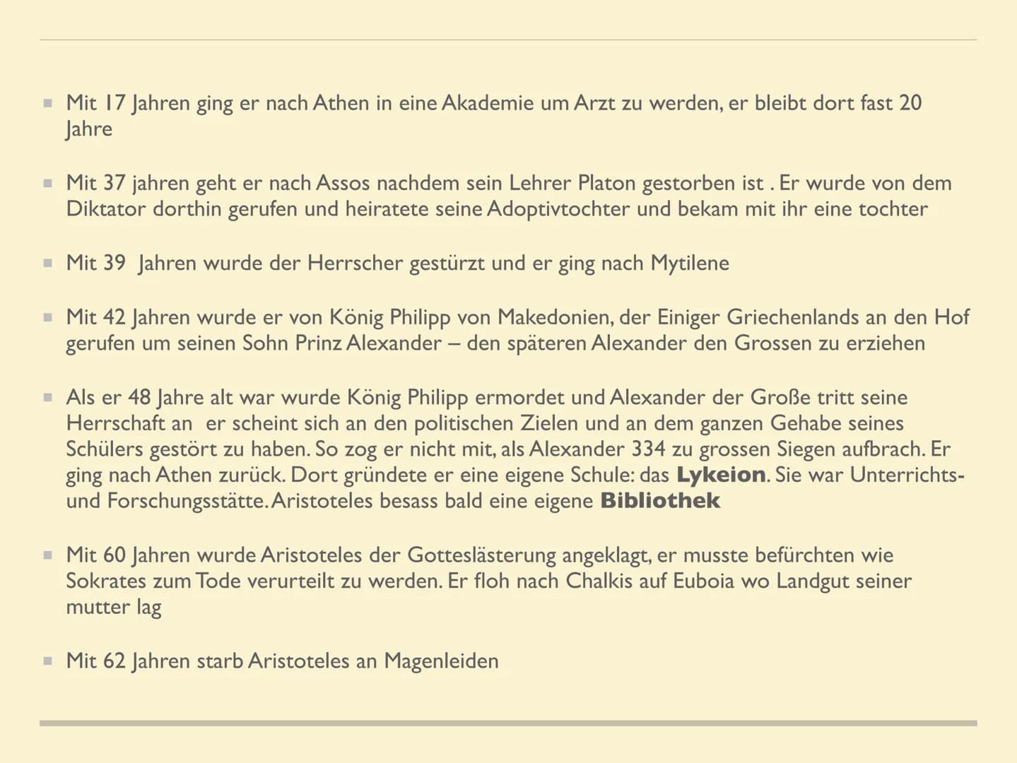ARISTOTELES VORSTELLUNG
VON GLÜCK ALLGEMEINES
Aristoteles wurde im Jahre 384 v. Chr. in dem makedonischen Ort Stagira auf der
Halbinsel Chal