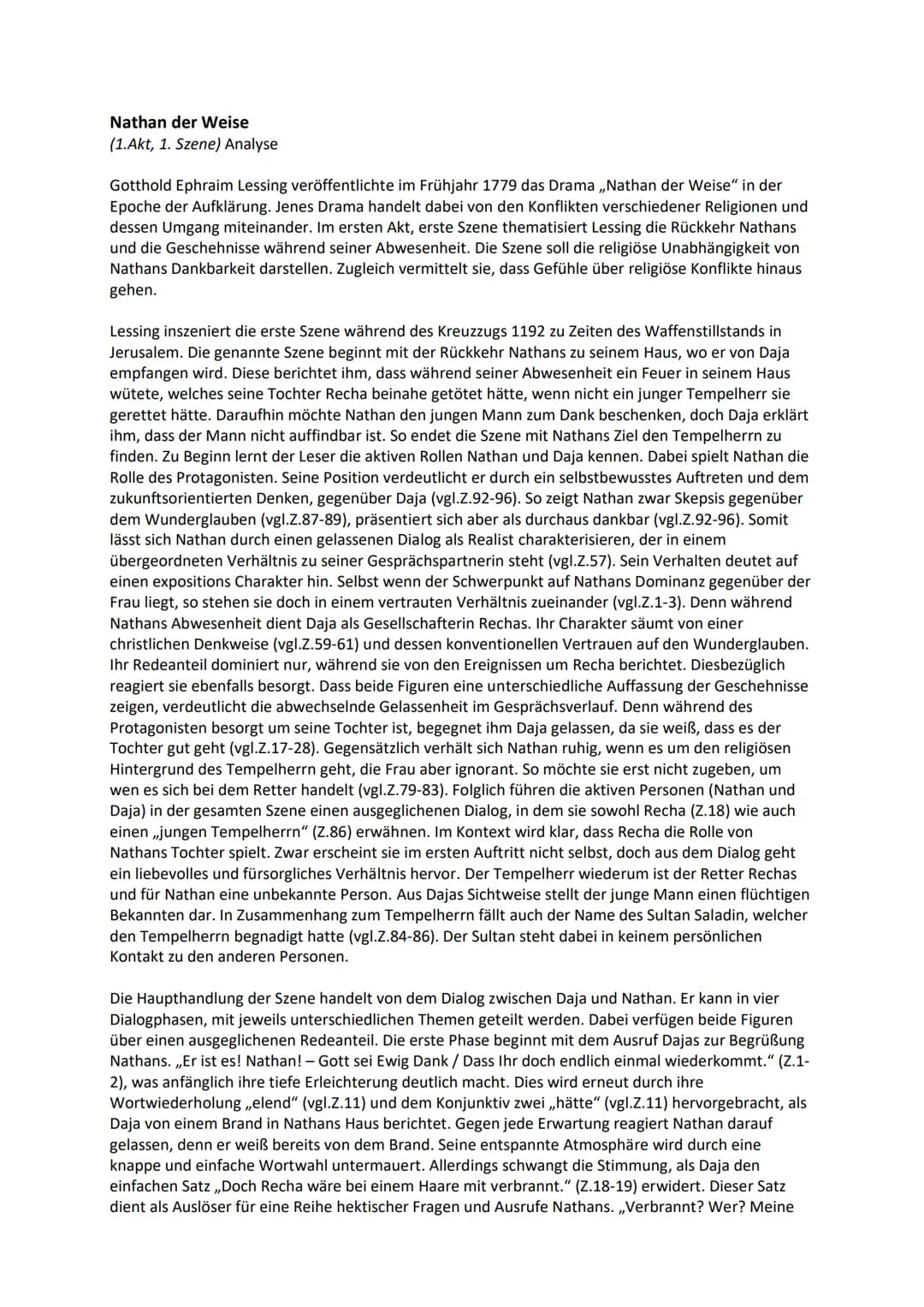 Nathan der Weise
(1.Akt, 1. Szene) Analyse
Gotthold Ephraim Lessing veröffentlichte im Frühjahr 1779 das Drama ,,Nathan der Weise" in der
Ep