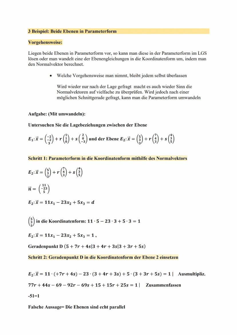 Bei der Lage von einer Ebene E₁ zu einer anderen Ebene E₂ unterscheidet man grundsätzlich
3 Fälle, die im Bezug zur Lage auftreten können:
1