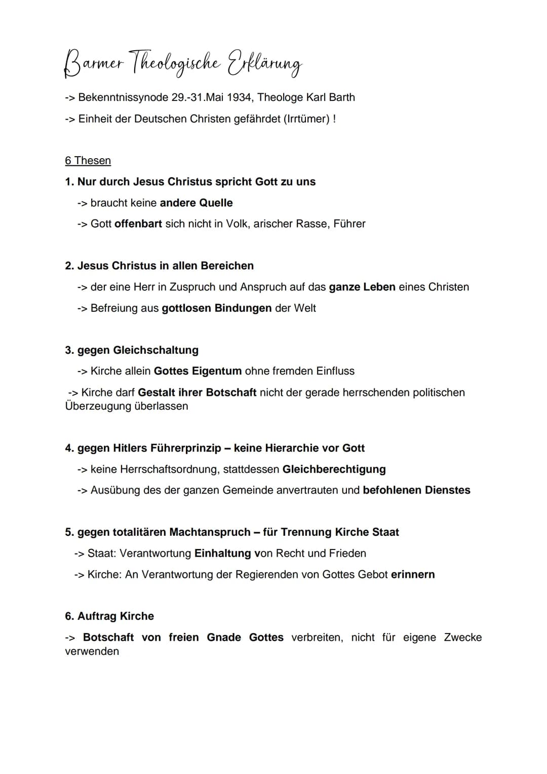 Barmer Theologische Erklärung
-> Bekenntnissynode 29.-31.Mai 1934, Theologe Karl Barth
-> Einheit der Deutschen Christen gefährdet (Irrtümer