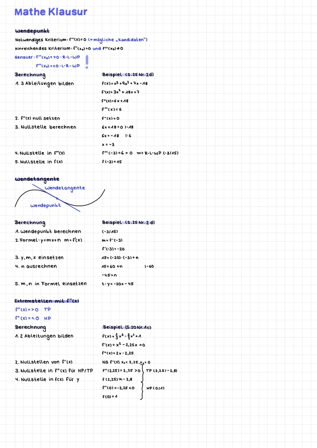 Mathe Klausur
Wendepunkt
Notwendiges kriterium : f"(x) = 0 (= mögliche
Hinreichendes kriterium: f"(x)=0 und f"" (xo) #0
Genauer: f(xo) => 0 