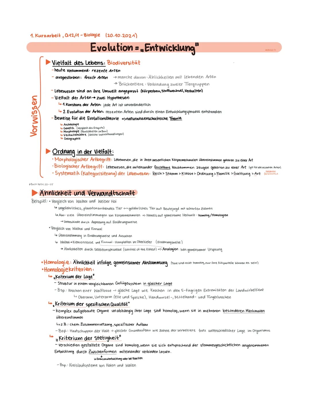 1. Kurzarbeit, Q12/1-Biologie (20.10.2021)
Vorwissen
Evolution Entwicklung"
Vielfalt des Lebens: Biodiversität
- heute vorkommend: rezente A