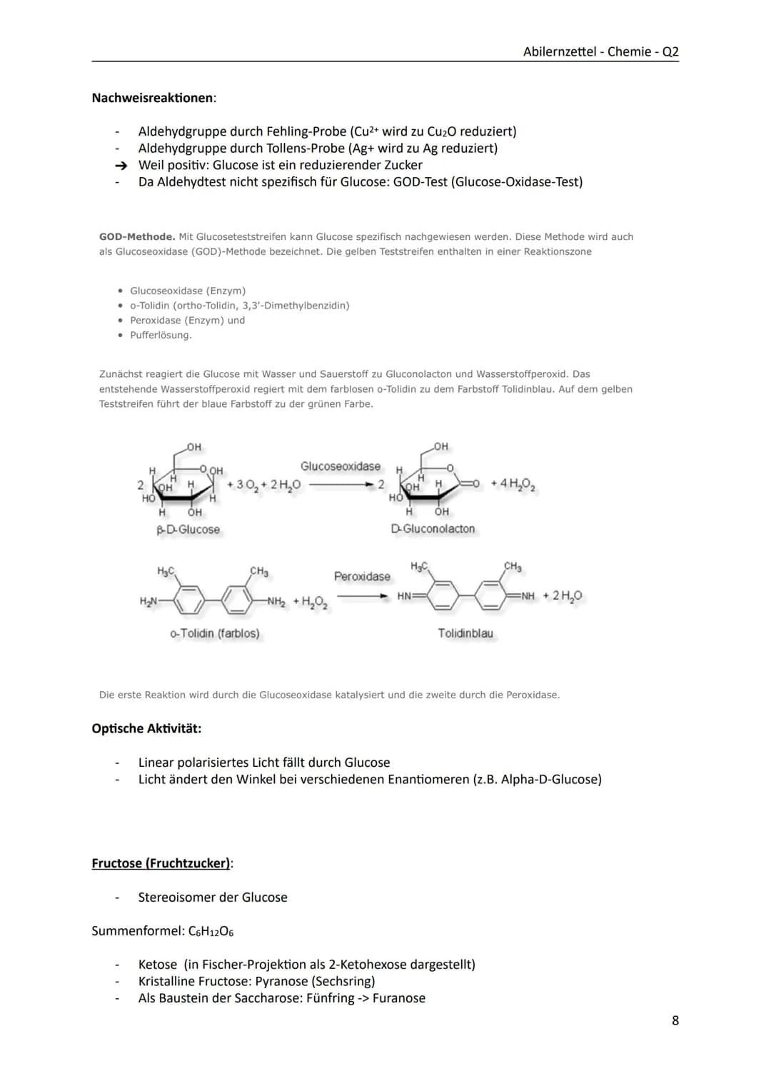 Kohlenhydrate
- Monosaccharide: Glucose, Fructose, Kohlenstoffatome mit Chiralitätszentren,
optische Aktivität, D-/L-Konfiguration, Enantiom