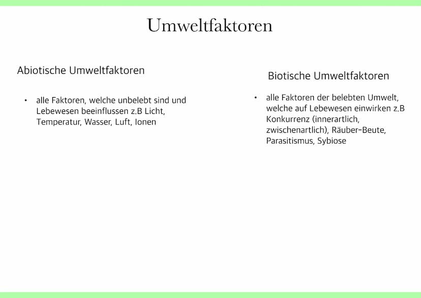 Ökologie
Kete han Abiotische Umweltfaktoren
●
Umweltfaktoren
alle Faktoren, welche unbelebt sind und
Lebewesen beeinflussen z.B Licht,
Tempe