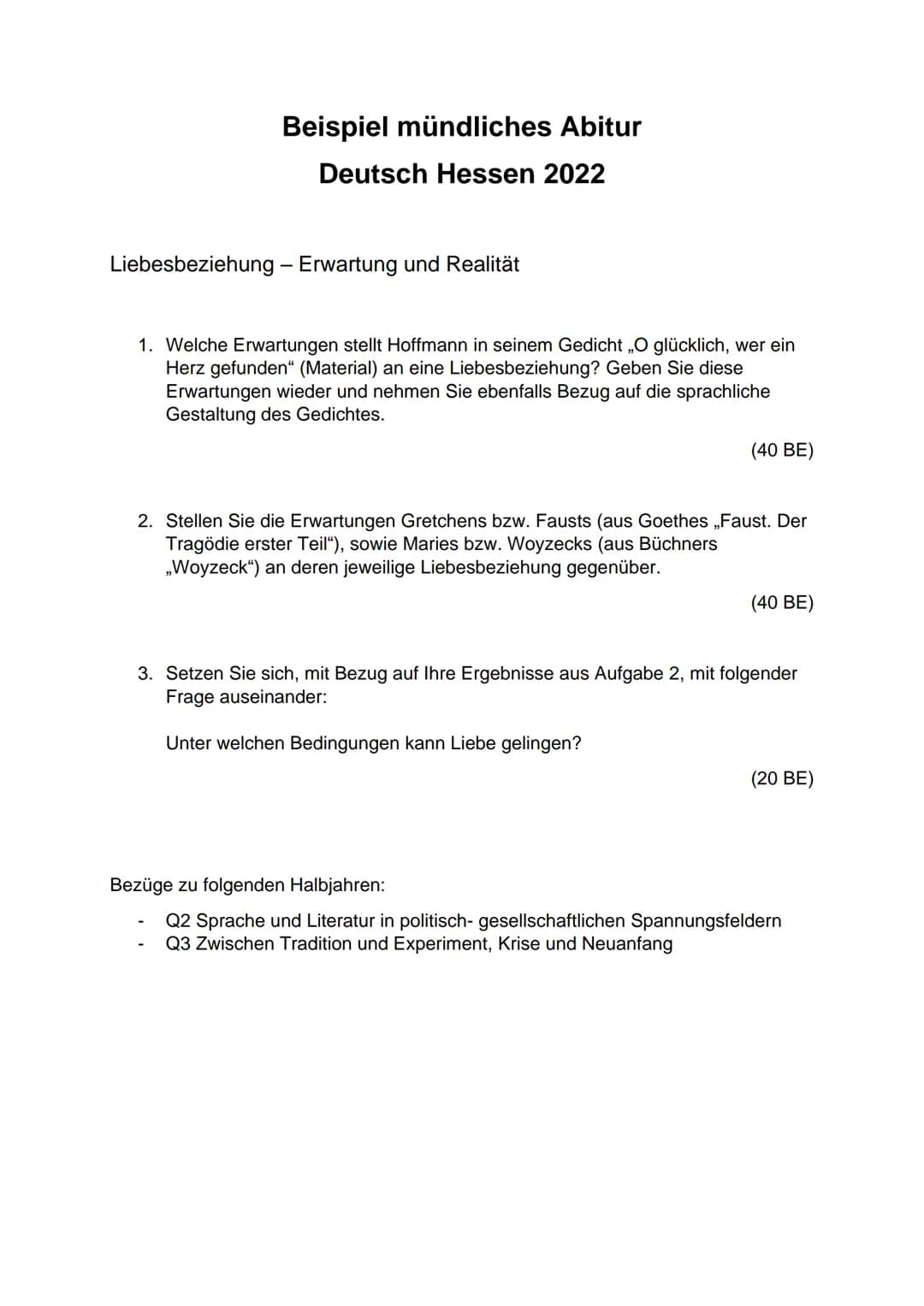 Beispiel mündliches Abitur
Deutsch Hessen 2022
Liebesbeziehung - Erwartung und Realität
1. Welche Erwartungen stellt Hoffmann in seinem Gedi