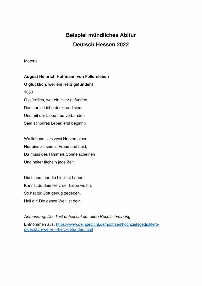 Beispiel mündliches Abitur
Deutsch Hessen 2022
Liebesbeziehung - Erwartung und Realität
1. Welche Erwartungen stellt Hoffmann in seinem Gedi