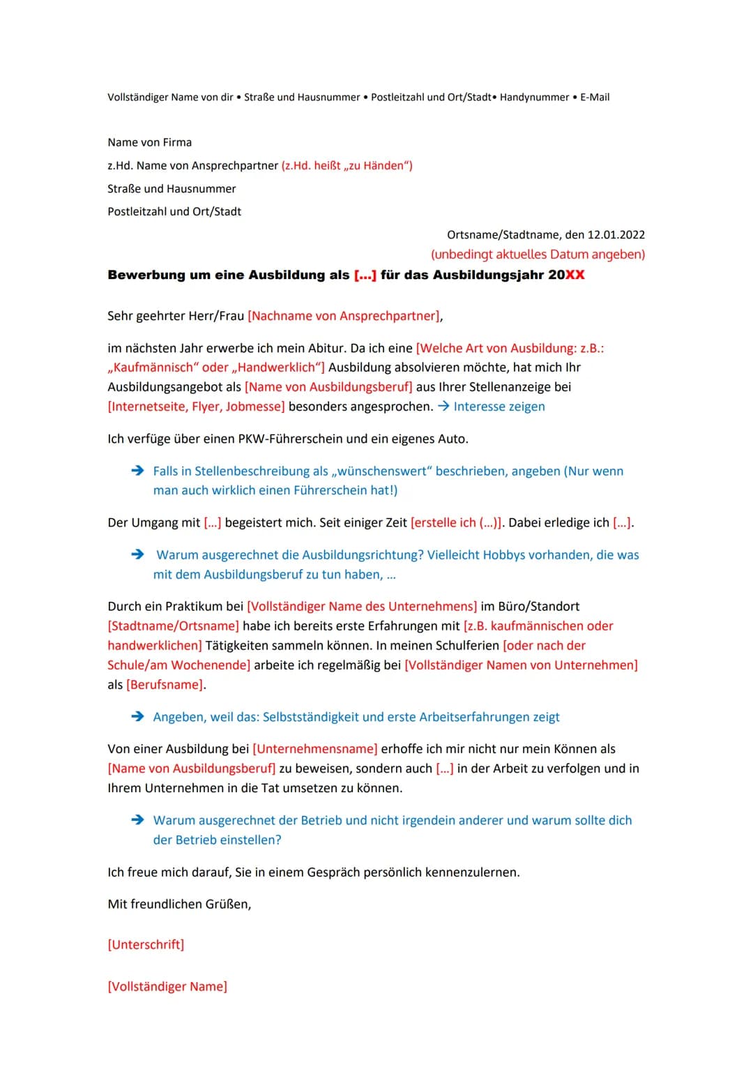 Vollständiger Name von dir Straße und Hausnummer Postleitzahl und Ort/Stadt Handynummer • E-Mail
Name von Firmal
z.Hd. Name von Ansprechpart
