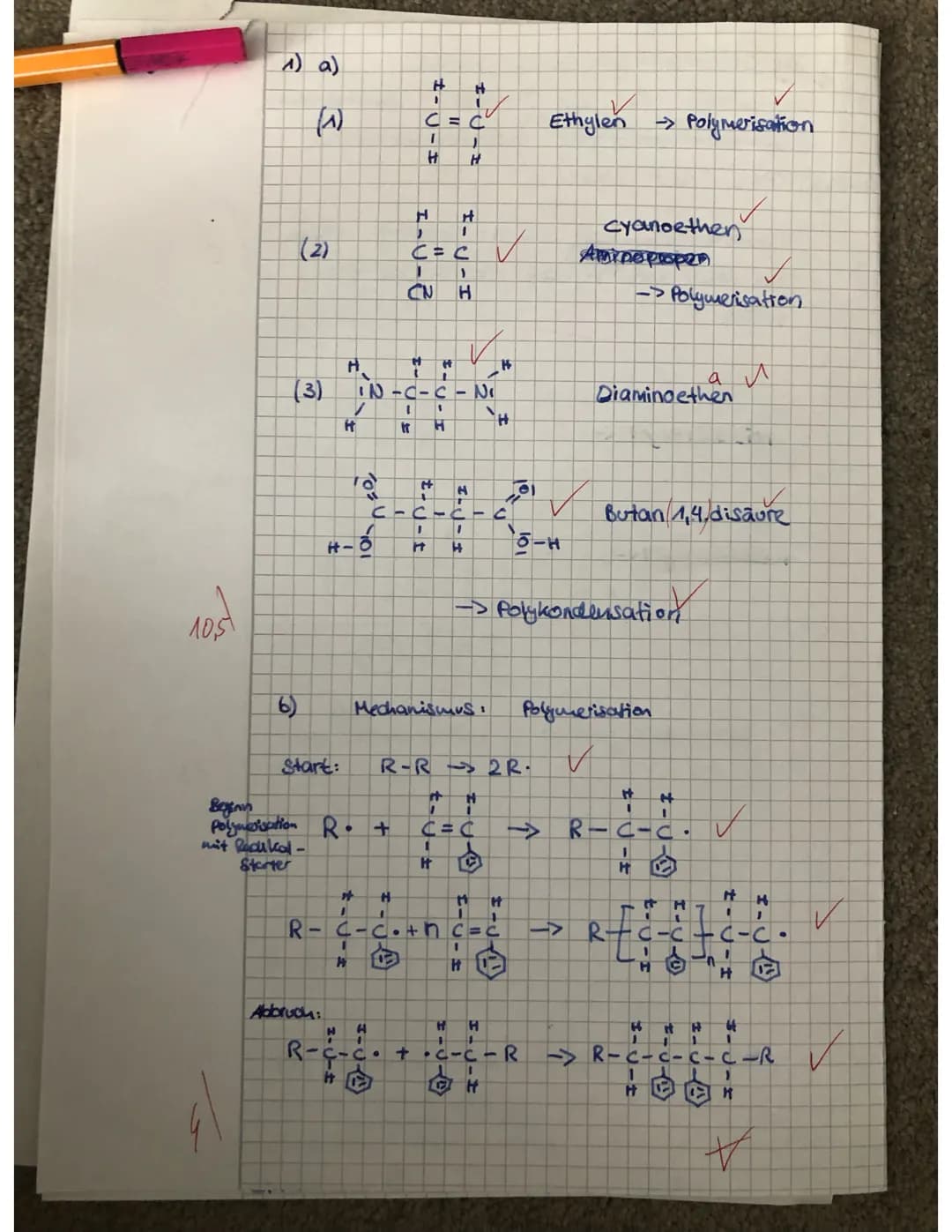 O
HH
1
IN=C-C-C-C-C-C-C-C = N₁ +₁
III
HHH HHH
H-Ō.
t-j-±
H
1.6 - Hexandiisocyanat + 1,4 Butandiol
H H H H 61
/11
I-U-±
(CH₂) 4-3-
H
۰c-c-c-c