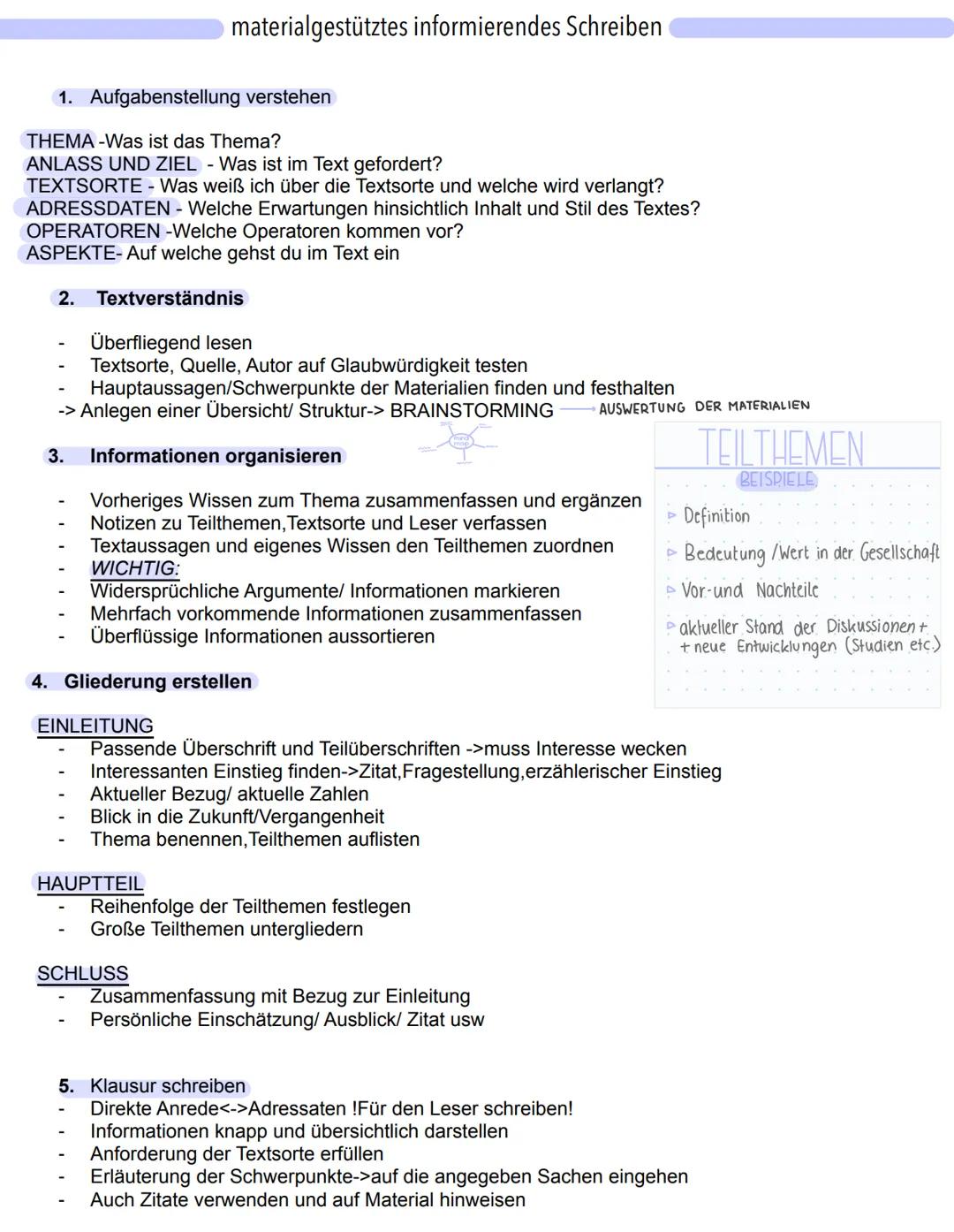 materialgestütztes informierendes Schreiben

1. Aufgabenstellung verstehen

THEMA-Was ist das Thema?
ANLASS UND ZIEL - Was ist im Text gefor
