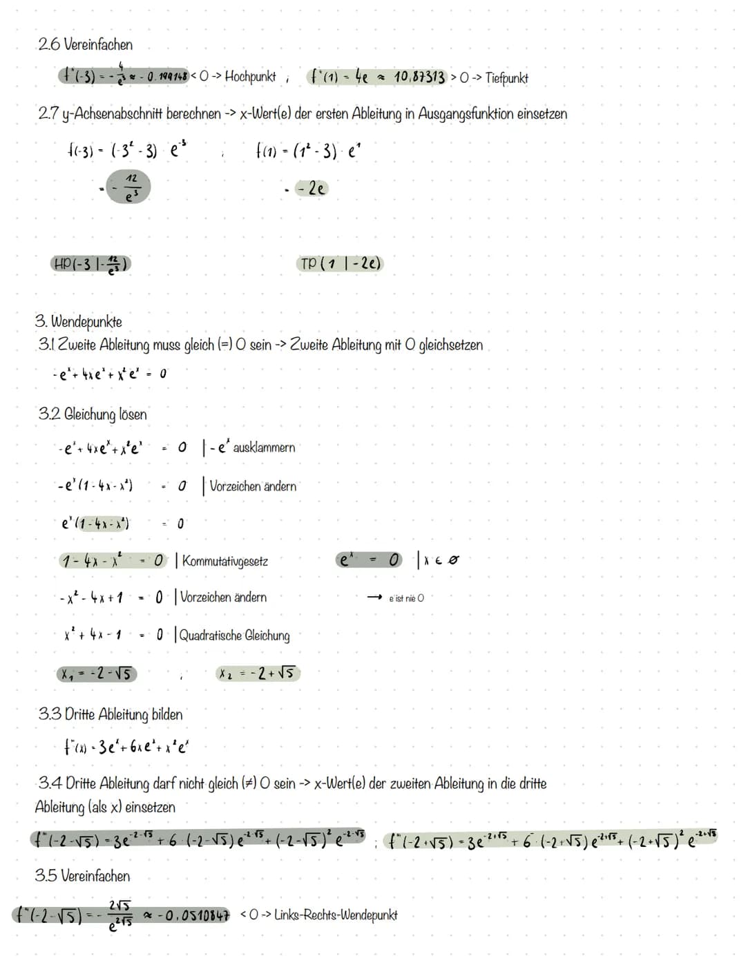 Kurvendiskussion e-Funktionen
1. Nullstellen
1.1 Ausgangsfunktion muss gleich (-) O sein -> Ausgangsfunktion mit O gleichsetzen
0
1.2 Gleich