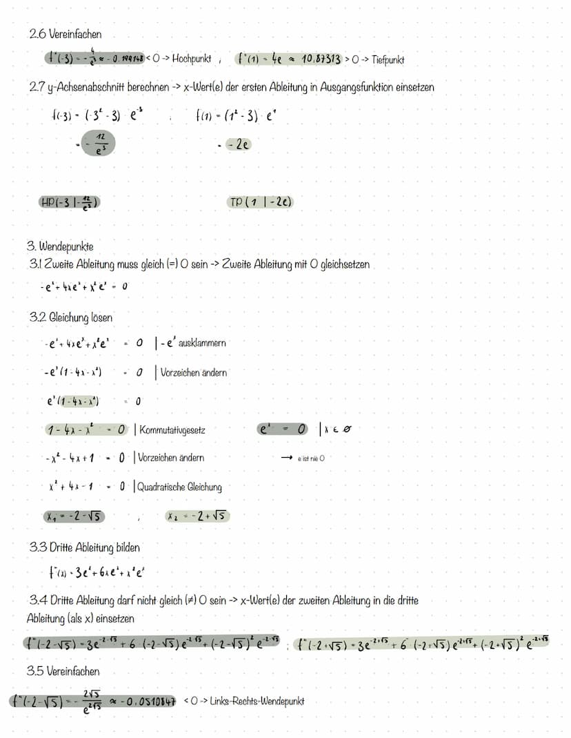 Kurvendiskussion e-Funktionen
1. Nullstellen
1.1 Ausgangsfunktion muss gleich (-) O sein -> Ausgangsfunktion mit O gleichsetzen
0
1.2 Gleich