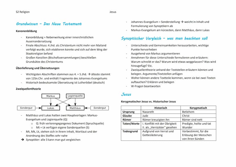 S2 Religion
Grundwissen
Name
-
Aufbau und Inhalt
Das Neue Testament
Altes und Neues Testament sind ,,Heilige Schriften" für die Christen
neu