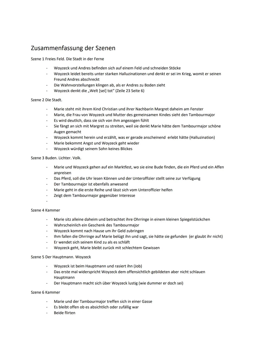 Lernzettel Woyzeck
Inhalt
1. Zusammenfassung der einzelnen Szenen
2. Zusammenfassung der Personen
3. Pauperismus
4. Idealismus, Materialismu