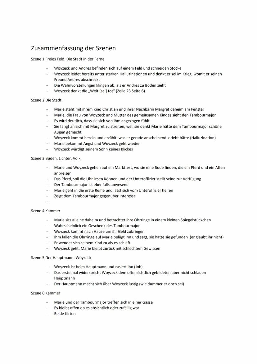 Lernzettel Woyzeck
Inhalt
1. Zusammenfassung der einzelnen Szenen
2. Zusammenfassung der Personen
3. Pauperismus
4. Idealismus, Materialismu