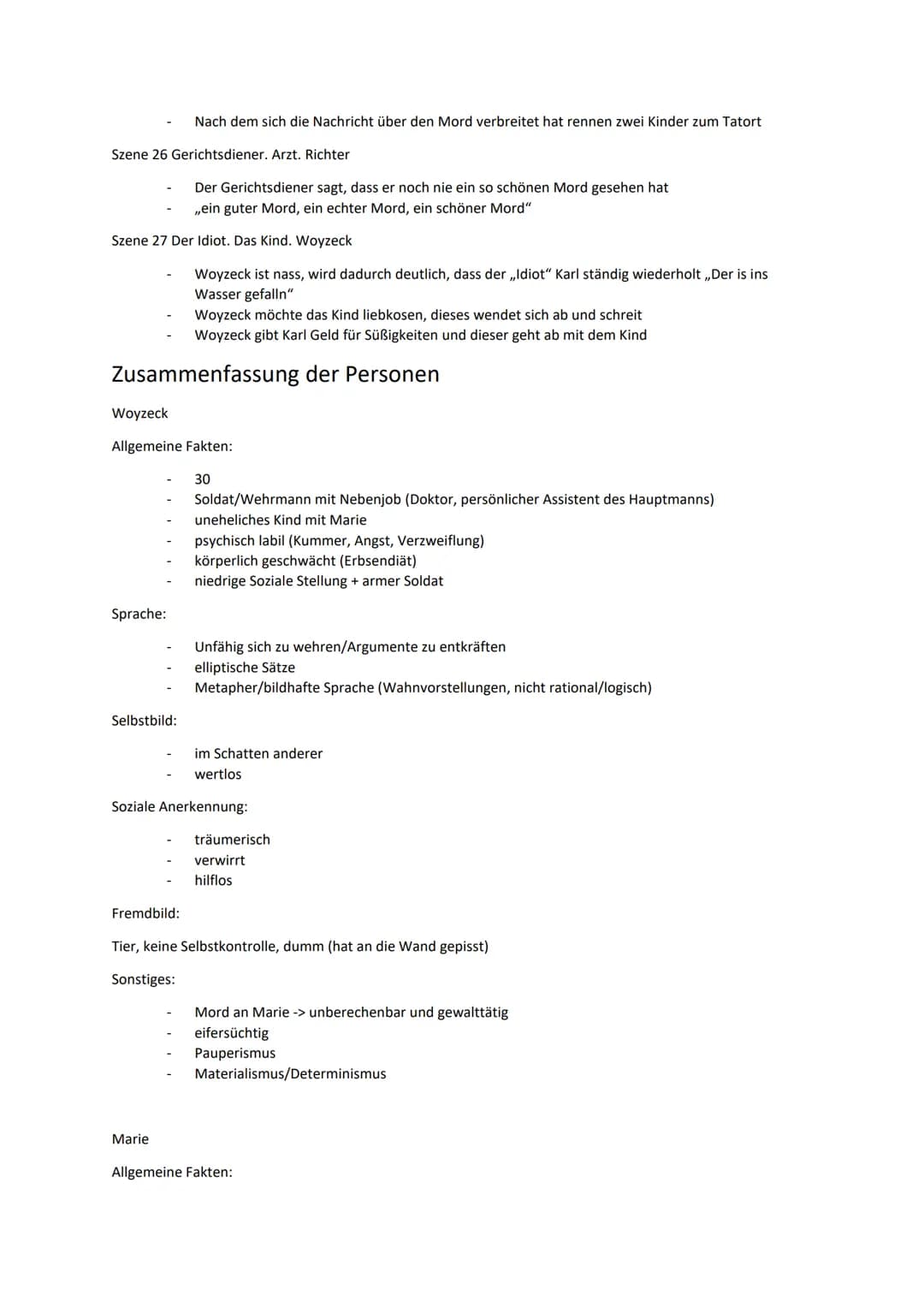 Lernzettel Woyzeck
Inhalt
1. Zusammenfassung der einzelnen Szenen
2. Zusammenfassung der Personen
3. Pauperismus
4. Idealismus, Materialismu