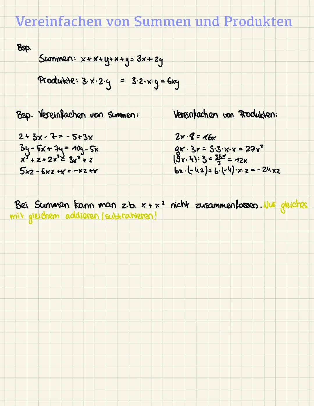 Vereinfachen von Summen und Produkten mit Variablen