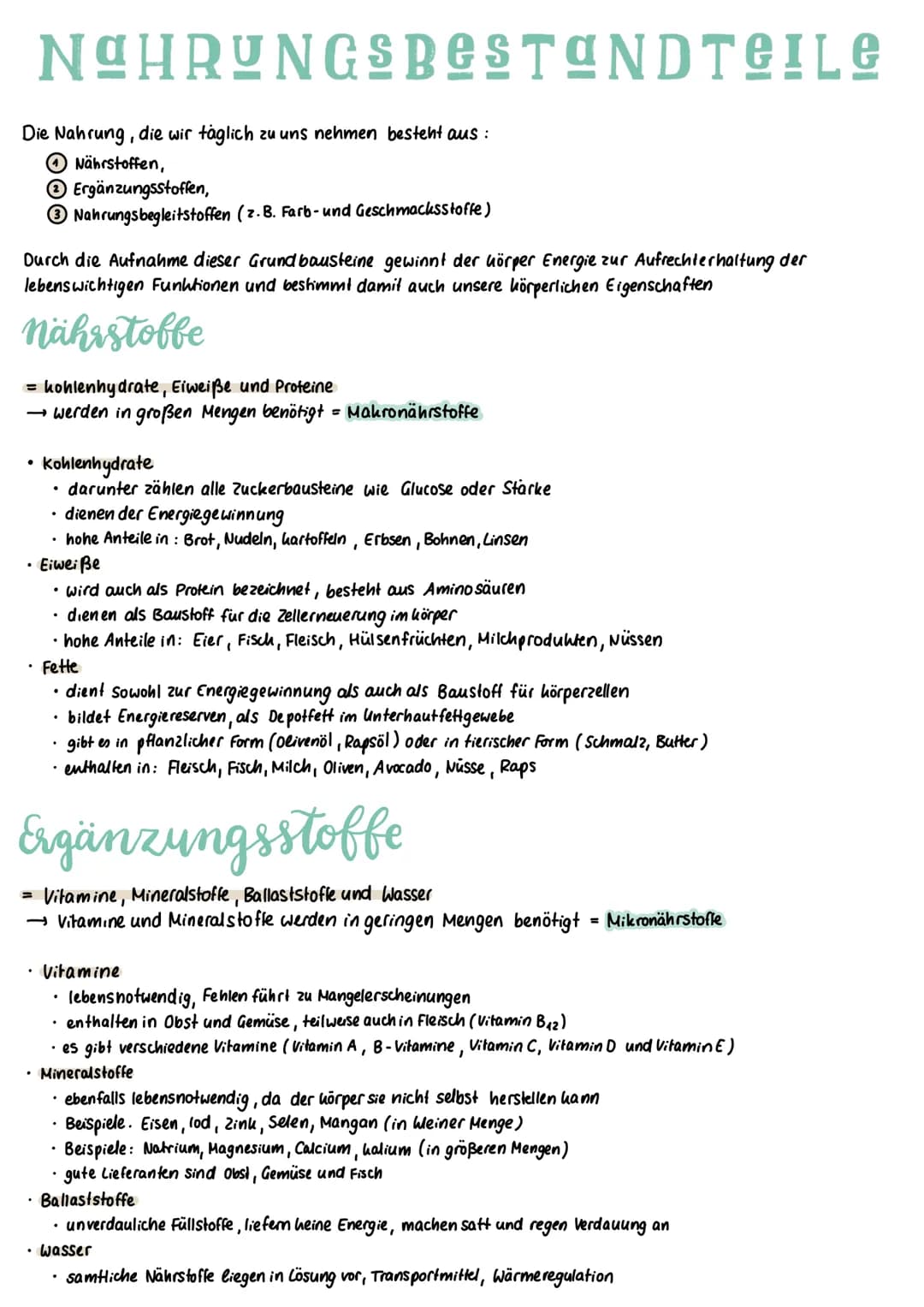NAHRUNGSBESTANDTEILE
Die Nahrung, die wir täglich zu uns nehmen besteht aus :
Nährstoffen,
Ⓒ Ergänzungsstoffen,
Nahrungsbegleitstoffen (z. B
