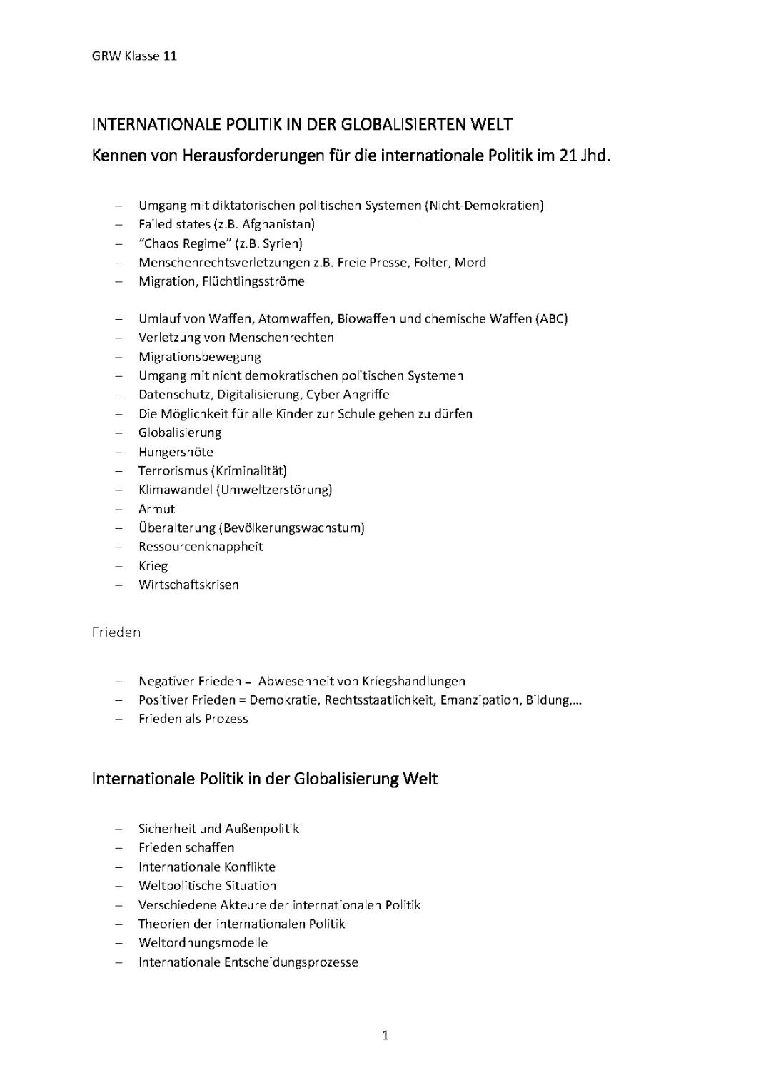 Zusammenfassung Schuljahr Klasse 11 GRW 