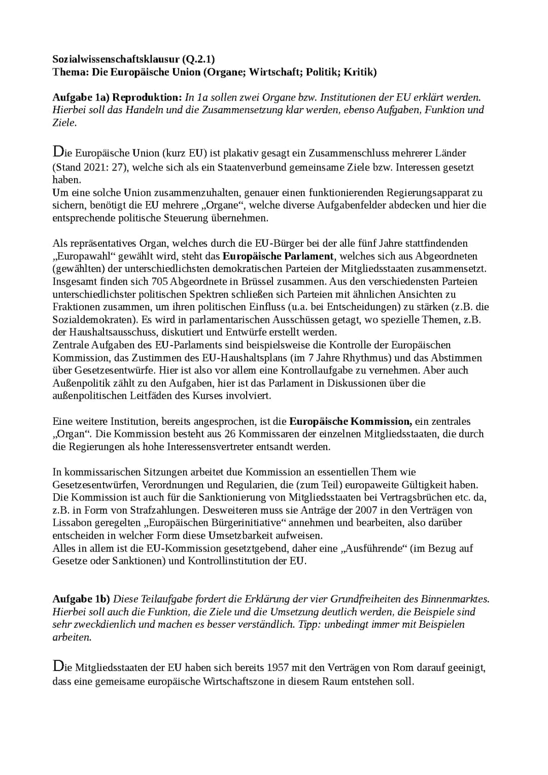 (Sowi/Politik) Klausur : EU; Binnenmarkt; Organe; 