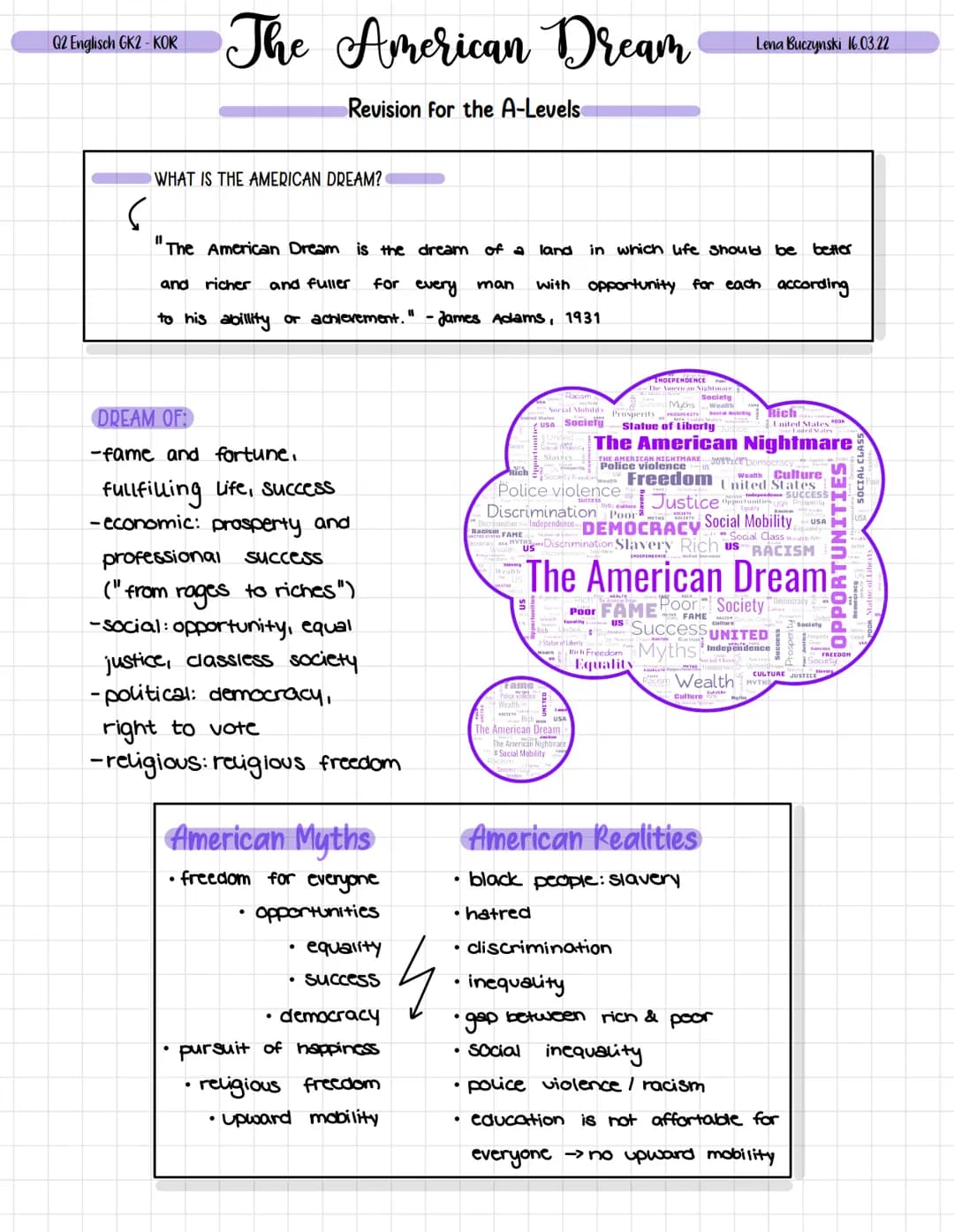 Q2 Englisch GK2 - KOR
WHAT IS THE AMERICAN DREAM?
The American Dream
Revision for the A-Levels
S
"The American Dream is the dream of a land 
