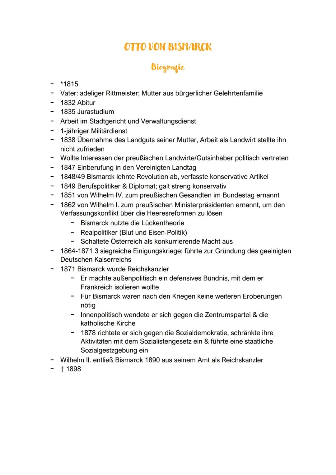 -
OTTO VON BISMARCK
Biografie
*1815
Vater: adeliger Rittmeister; Mutter aus bürgerlicher Gelehrtenfamilie
1832 Abitur
1835 Jurastudium
Arbei