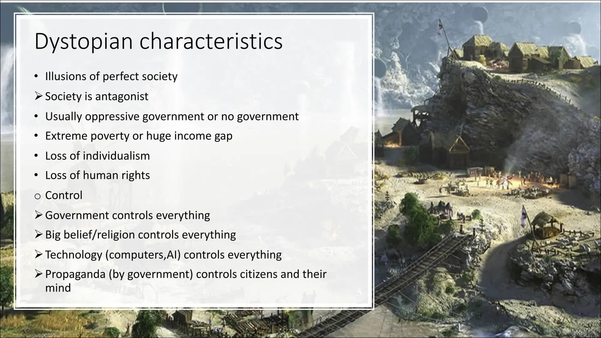 Dystopia &
utopia
From Hannah & Melike
Q2 Contents
●
●
●
●
●
Definition
Utopian Characteristics
Dystopian characteristics
Benefits of dystop