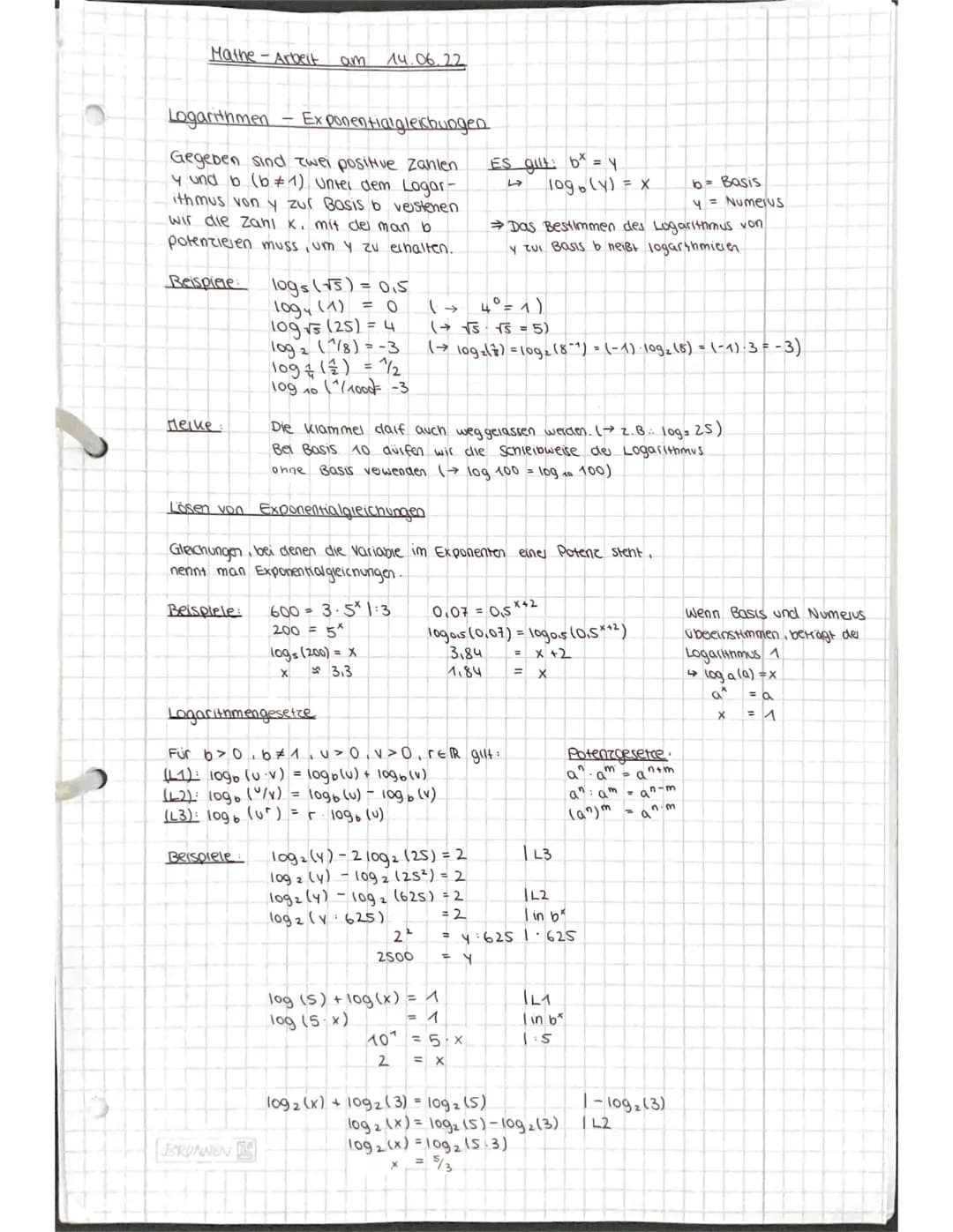 Mathe-Arbeit am
Logarithmen Exponentialgleichungen.
Gegeben sind zwei positive Zahlen
y und b (b #1) Unter dem Logar-
ithmus von y zur Basis