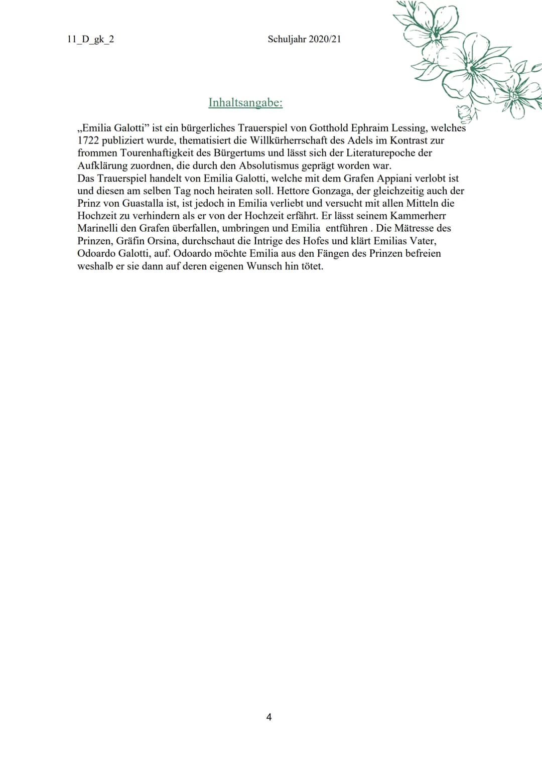 EMILIA
GALOTTI
GOTTHOLD EPHRAIM LESSING
CZ45
L'au
Mus 11_D_gk_2
Inhaltsverzeichnis:
I. Biografie
II.
III. Inhaltsangabe
IV.
V.
1. Aufzug
2. 