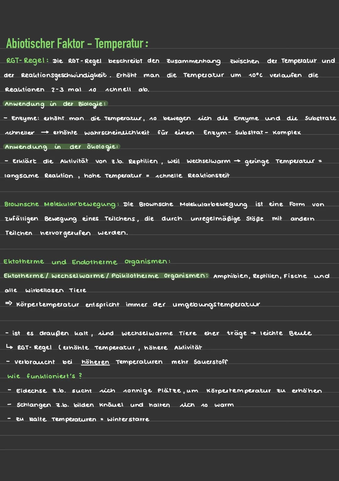 Abiotischer Faktor - Temperatur:
RGT-Regel: Die RGT-Regel beschreibt den Zusammenhang zwischen der Temperatur und
der Reaktionsgeschwindigke