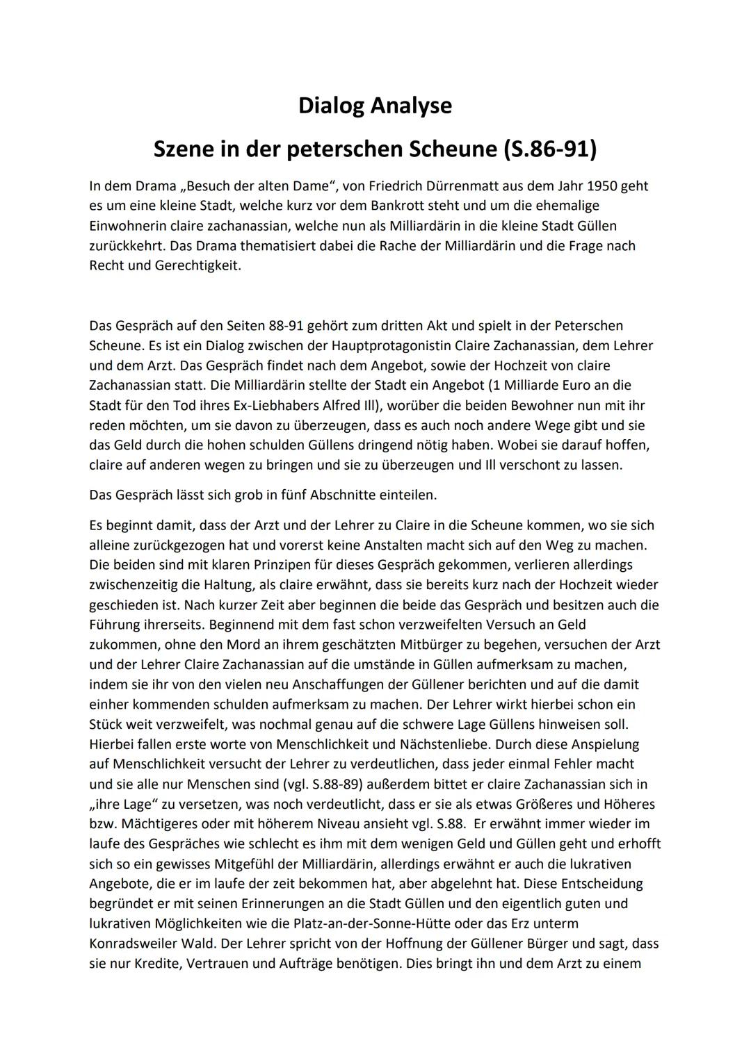 Dialog Analyse
Szene in der peterschen Scheune (S.86-91)
In dem Drama ,,Besuch der alten Dame", von Friedrich Dürrenmatt aus dem Jahr 1950 g