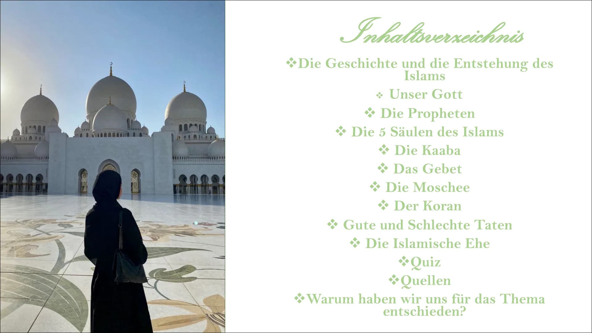 Islam
Präsentation von Iman und Schugufa
- BOSE BR Inhaltsverzeichnis
Die Geschichte und die Entstehung des
Islams
+
--
Unser Gott
Die Proph