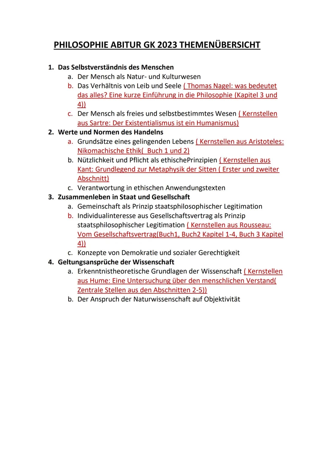 PHILOSOPHIE ABITUR GK 2023 THEMENÜBERSICHT
1. Das Selbstverständnis des Menschen
a. Der Mensch als Natur- und Kulturwesen
b. Das Verhältnis 