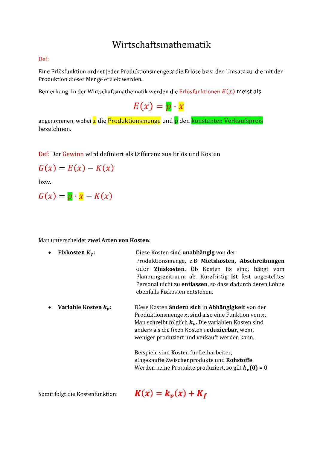 Wirtschaftsmathematik Erlös und Gewinn