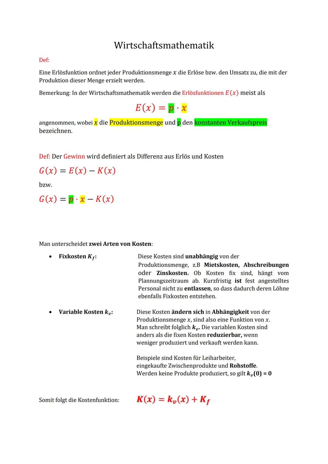 Def:
Eine Erlösfunktion ordnet jeder Produktionsmenge x die Erlöse bzw. den Umsatz zu, die mit der
Produktion dieser Menge erzielt werden.
B