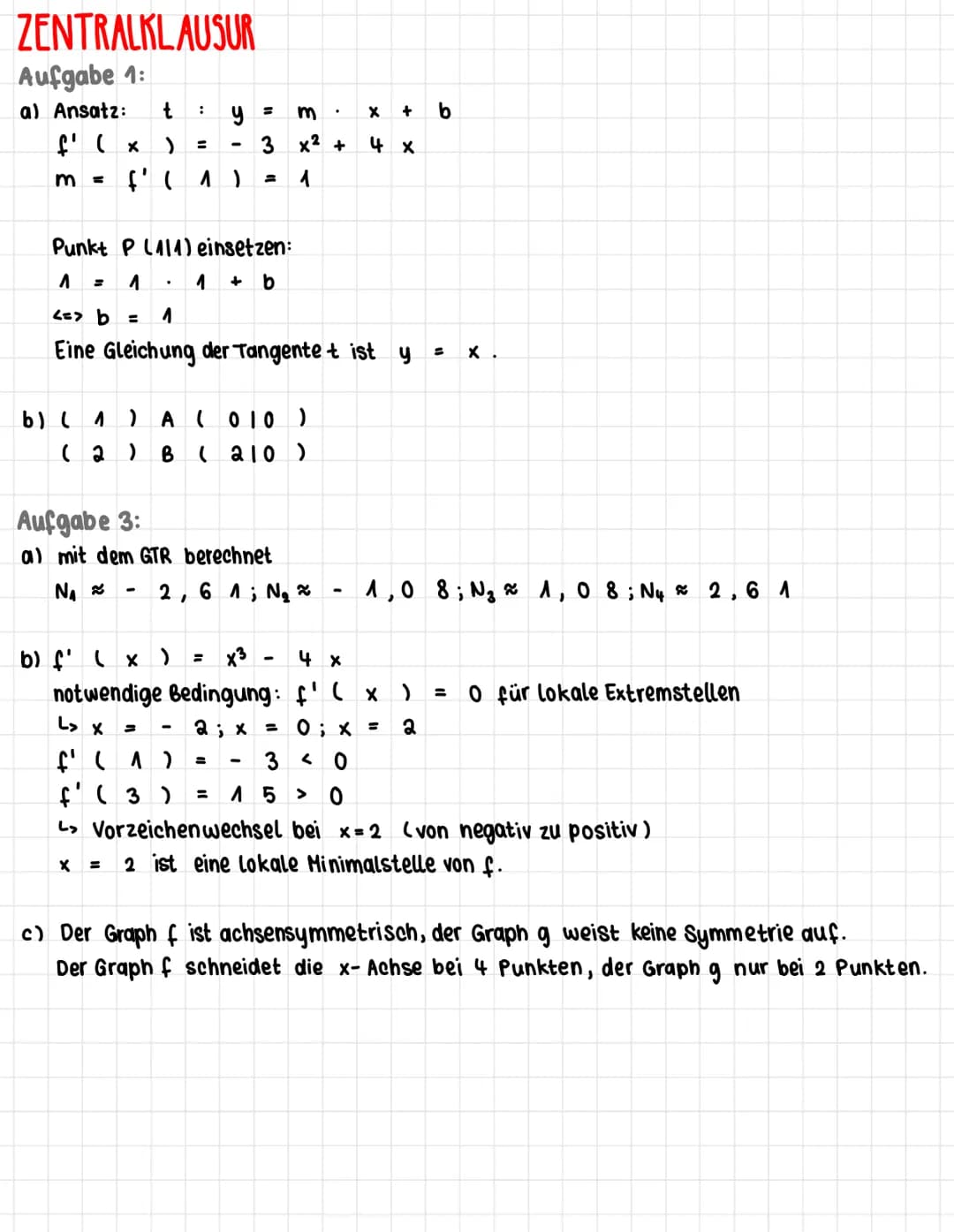 ZENTRALKLAUSUR
Aufgabe 1:
a) Ansatz: t :
f'(x ) = -
f' ( 1 )
m
y
x² +
1
b) ( ^) A ( 010)
( 2 ) B (210)
3
Aufgabe 3:
a) mit dem GTR berechnet
