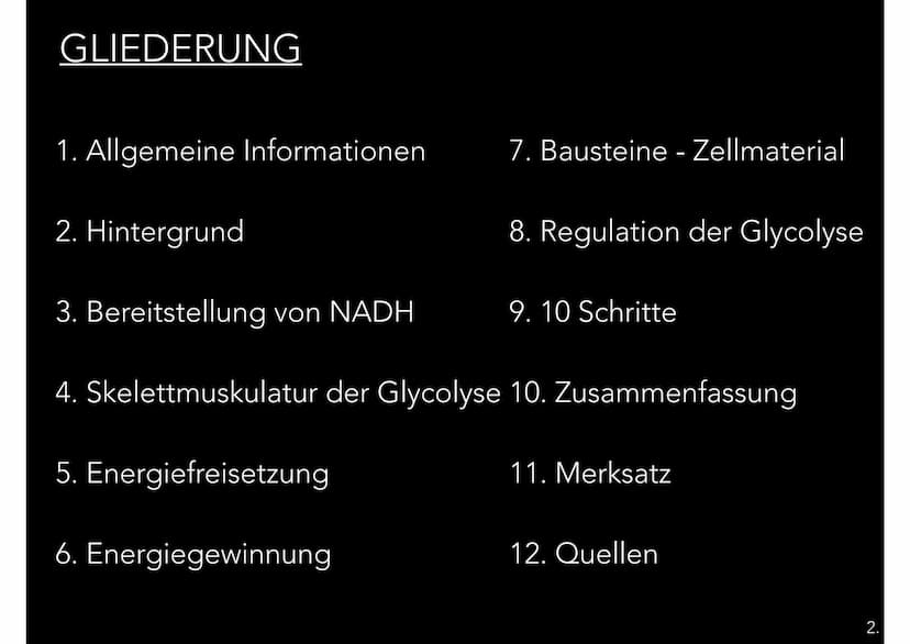GLYCOLYSE
EIN TEILPROZESS DER ZELLATMUNG
شاہد GLIEDERUNG
1. Allgemeine Informationen
2. Hintergrund
7. Bausteine - Zellmaterial
6. Energiege
