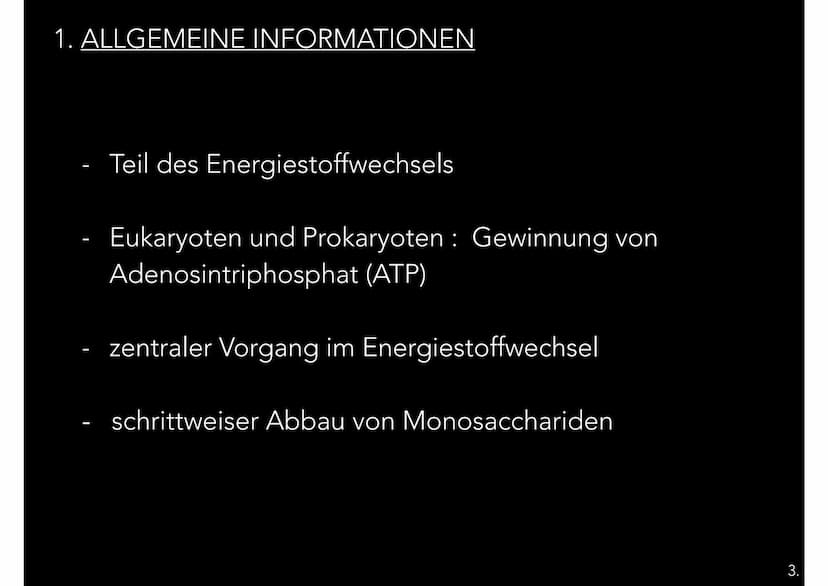 GLYCOLYSE
EIN TEILPROZESS DER ZELLATMUNG
شاہد GLIEDERUNG
1. Allgemeine Informationen
2. Hintergrund
7. Bausteine - Zellmaterial
6. Energiege