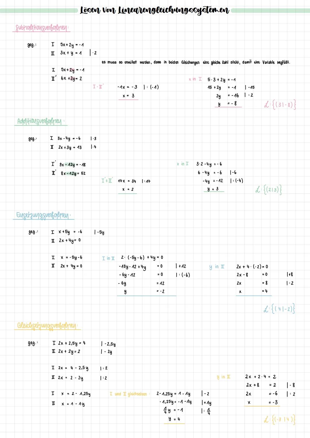 Subtraktionsverfahnen:
geg.:
geg.
geg.:
I 5x+2y = -1
I
3x + y = 1
I
Additionsverfahney
I
geg.:
I
I
Einsetzungsverfahren
5x+2y = -1
6x +2y= 2