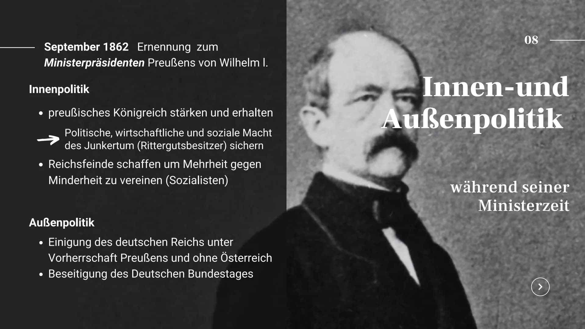 Präsentation von Jasmine Brauer
Otto von
Bismarck
01 02
„Nicht durch Reden und
Majoritätsbeschlüsse werden große
Fragen der Zeit entschieden